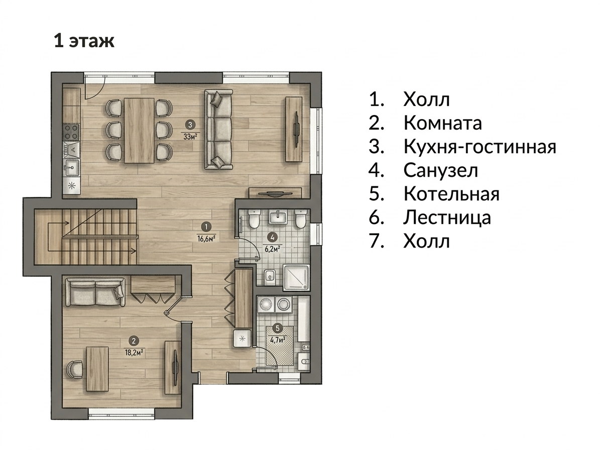 Планировка 1 этажа коттеджа 160 м² Вартемяги ONE