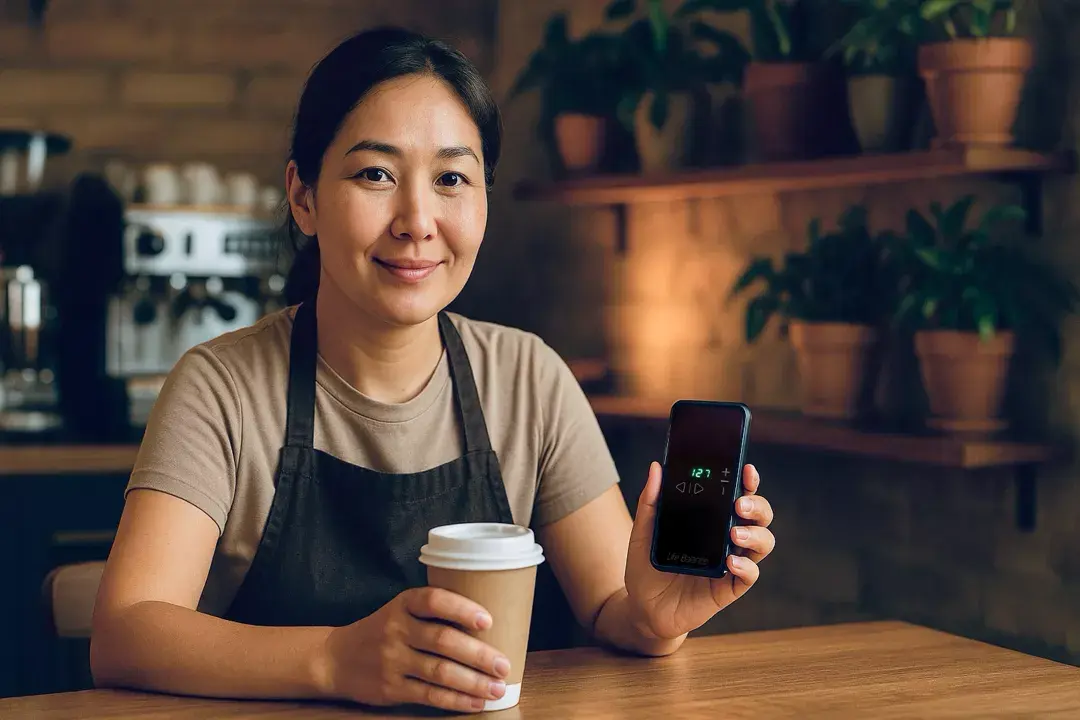 Девушка бариста держит в руках прибор LifeBalance New