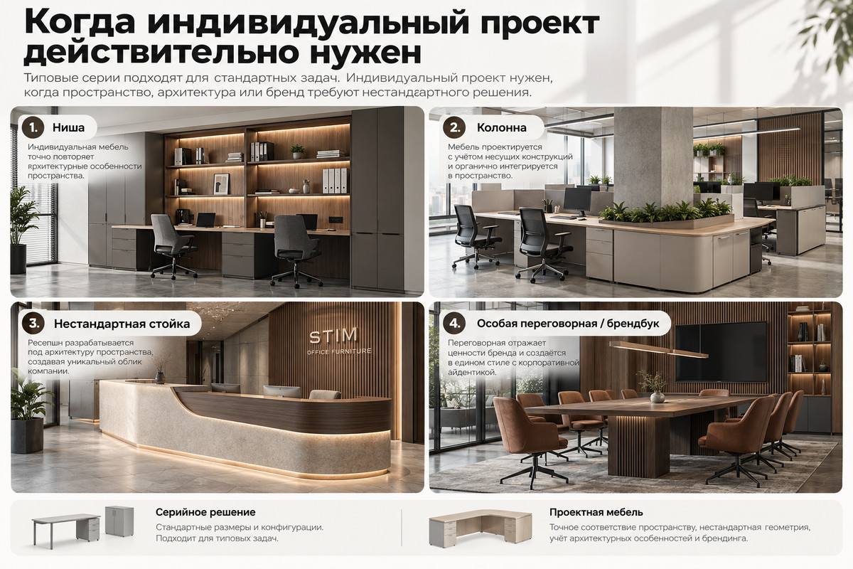 Инфографика: когда нужен индивидуальный проект — ниша, колонна, стойка ресепшн особой формы, переговорная по брендбуку