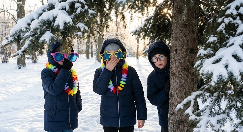 Дети играют в зимний квест на улице, смешные костюмы.