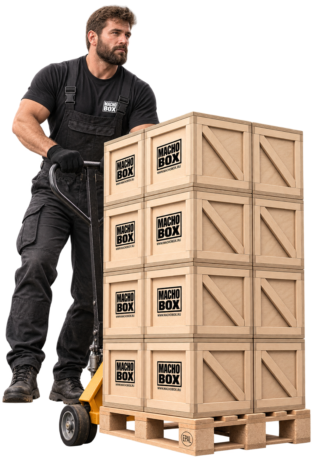 Специалист MACHO BOX перевозит корпоративные подарочные ящики на паллете — производство, упаковка и доставка тиража