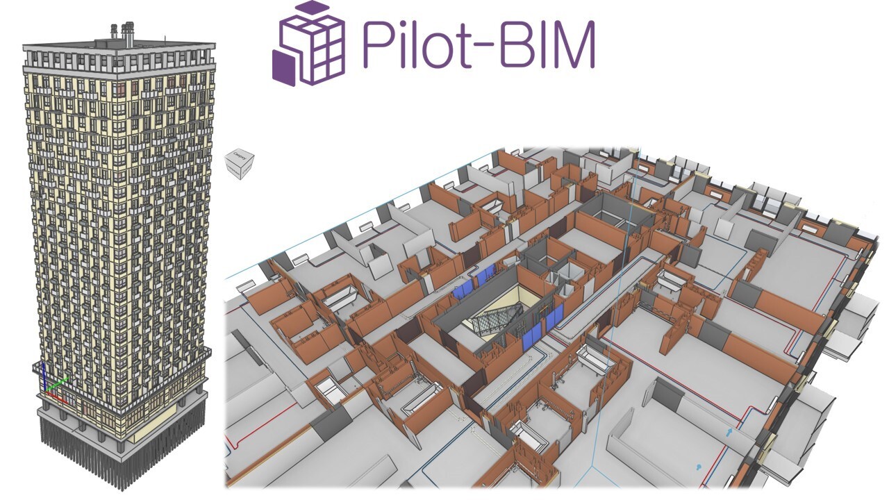 Общий вид (слева) цифровой информационной модели блок-секции в СОД Pilot-BIM 