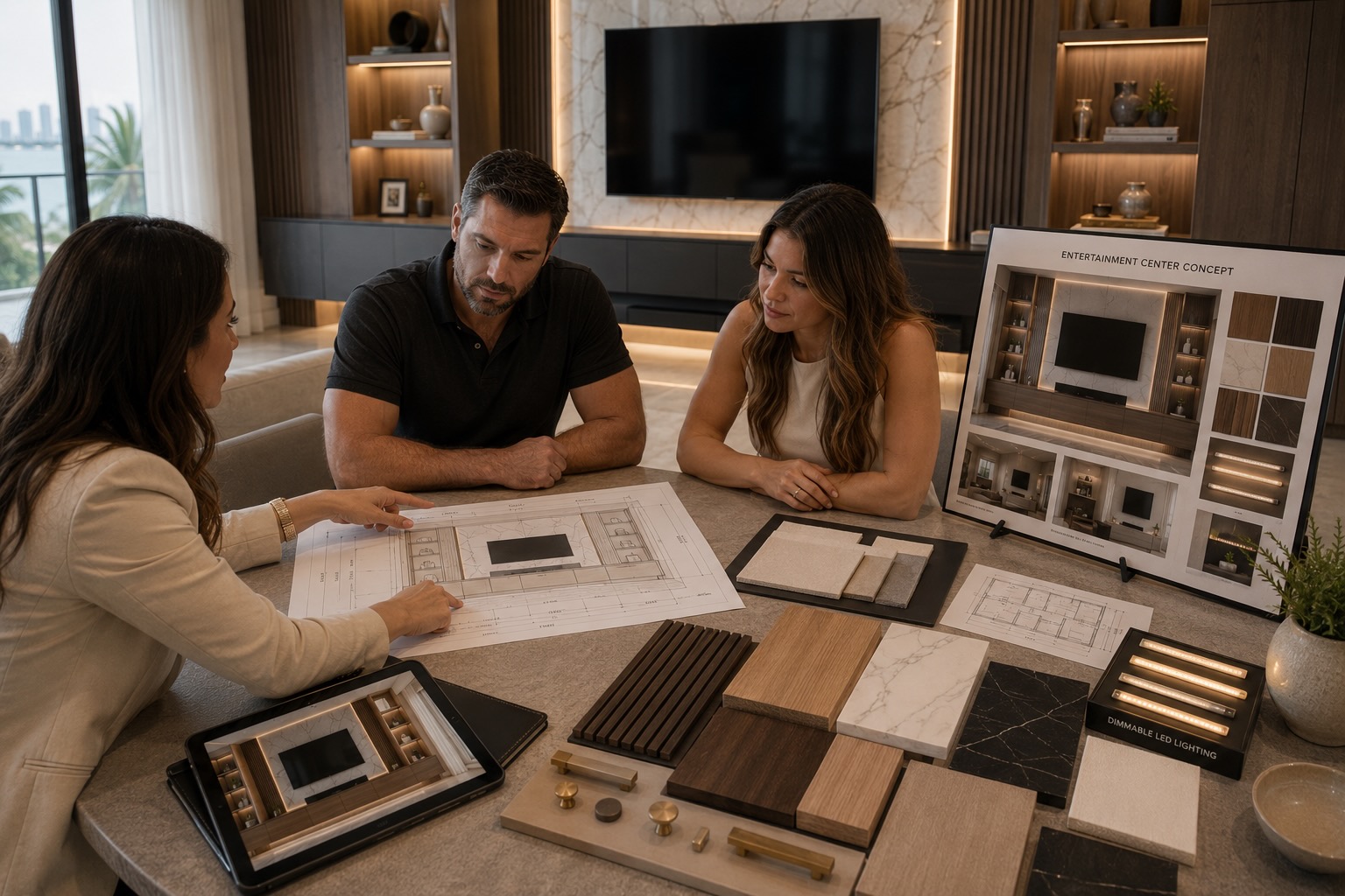 Professional design consultation with homeowners reviewing custom entertainment center layouts, cabinetry samples, architectural drawings, premium materials, and integrated lighting concepts.