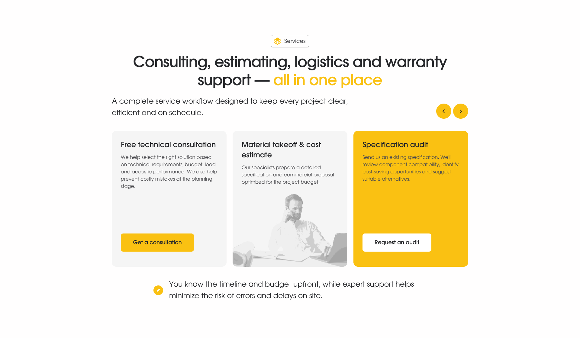 StroyTrust services section covering free technical consultation, material takeoff and cost estimate, and specification audit