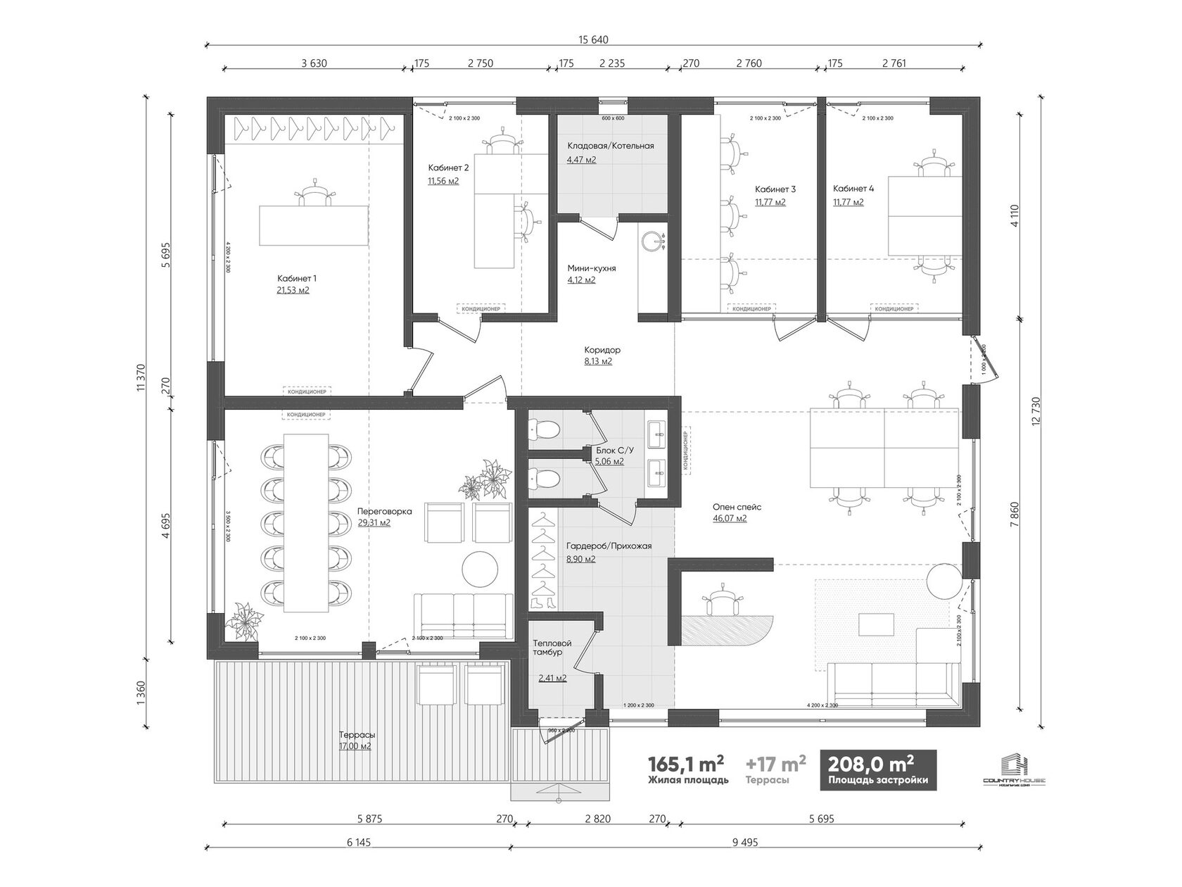 Визуализация офиса 208 м²: скошенный планкен, комбинированный фасад доска и брусок, панорамное остекление, терраса из лиственницы, полный кадр
