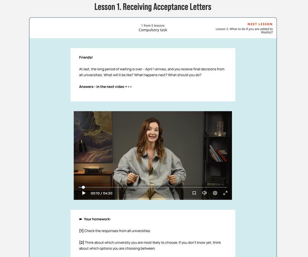 StudyAmerica platform: a video lesson page with an instructor video, written guidance, and homework assignments