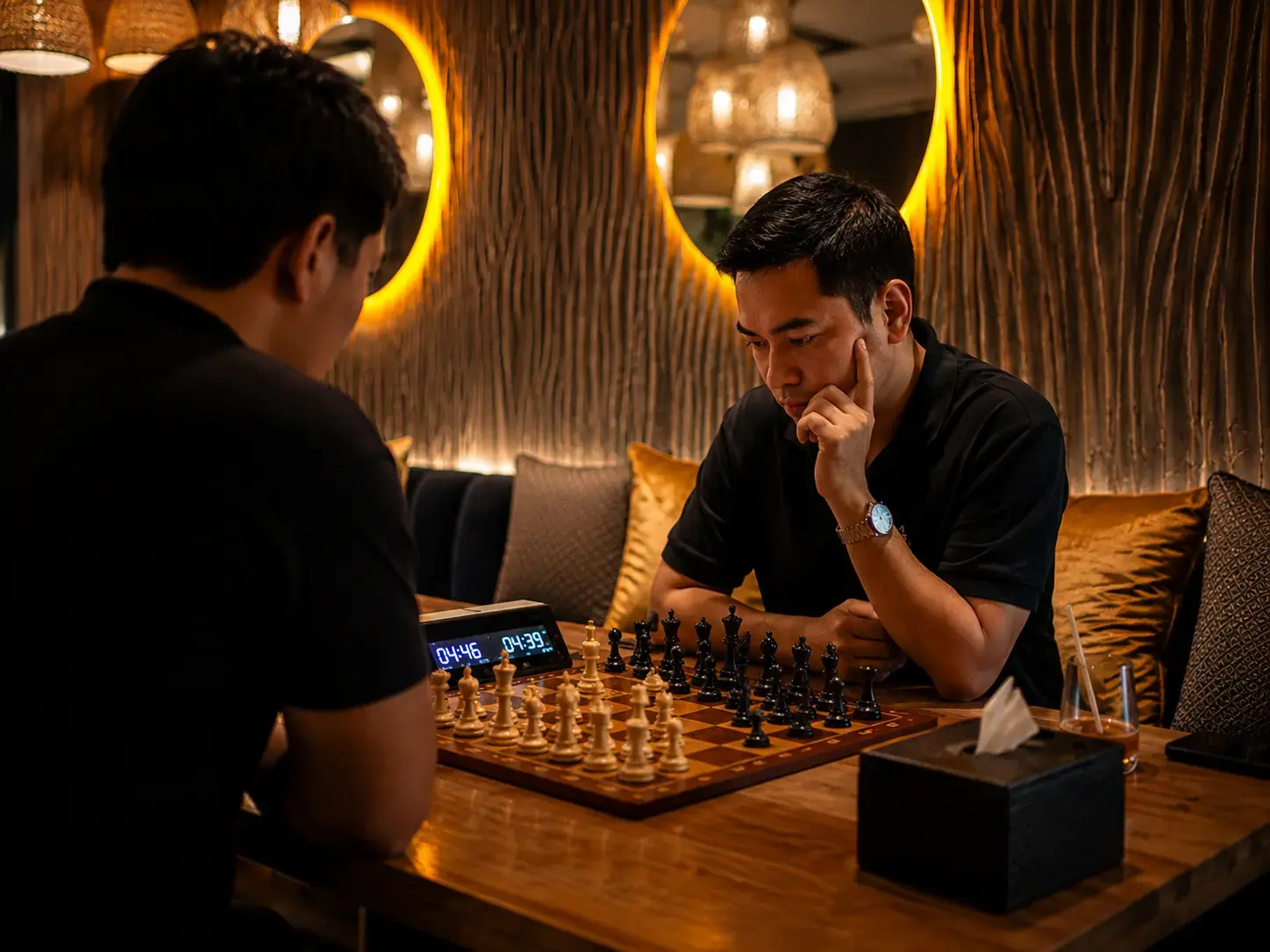 Two men deeply concentrated during a strategic game of chess in a cozy lounge corner, featuring a professional wooden chessboard and digital clock.