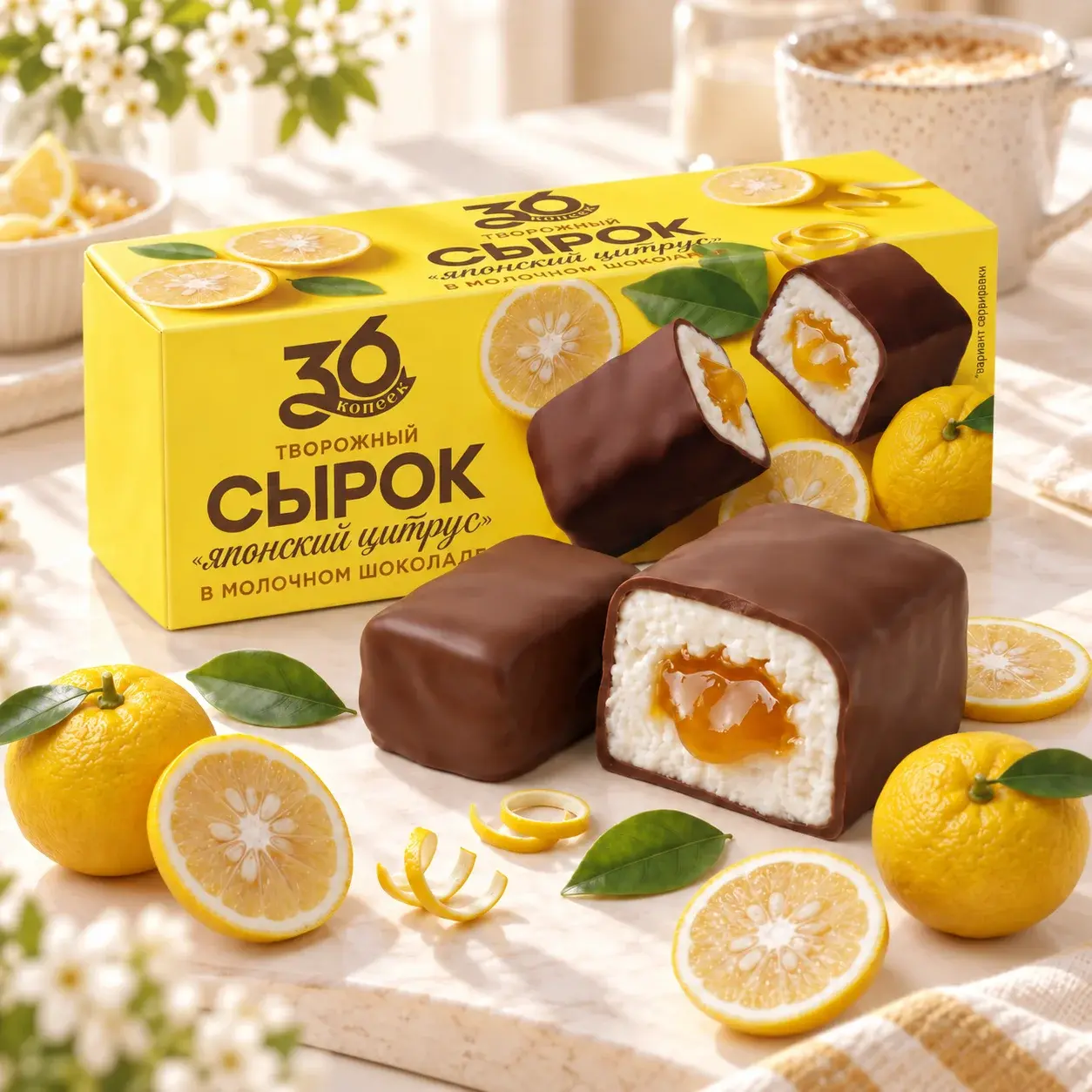 Сырок творожный японский цитрус (юдзу), в молочном шоколаде — упаковка 36 копеек