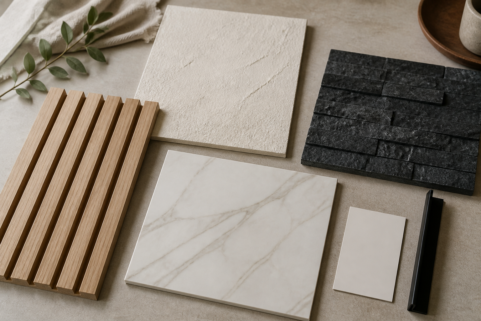 White oak slats, textured plaster, stacked stone, marble-look porcelain, paint, and black metal samples for a custom media wall