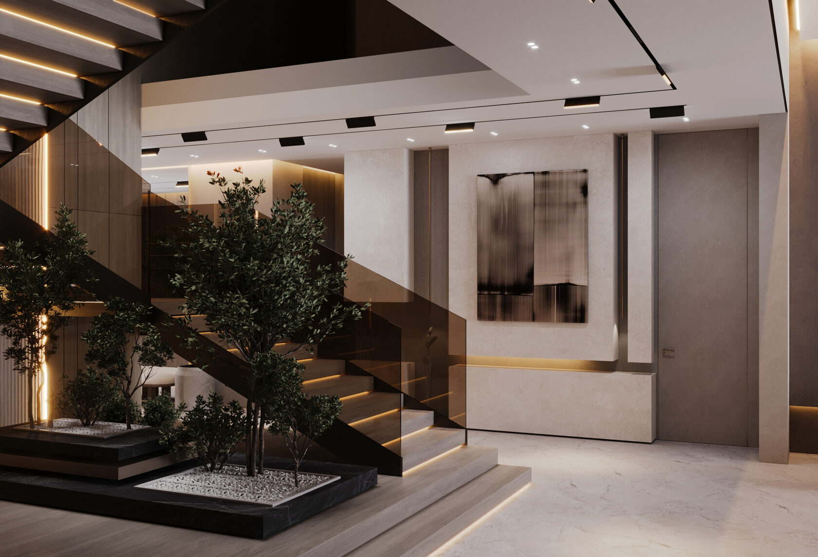 Дизайн лестницы с легким современным интерьером