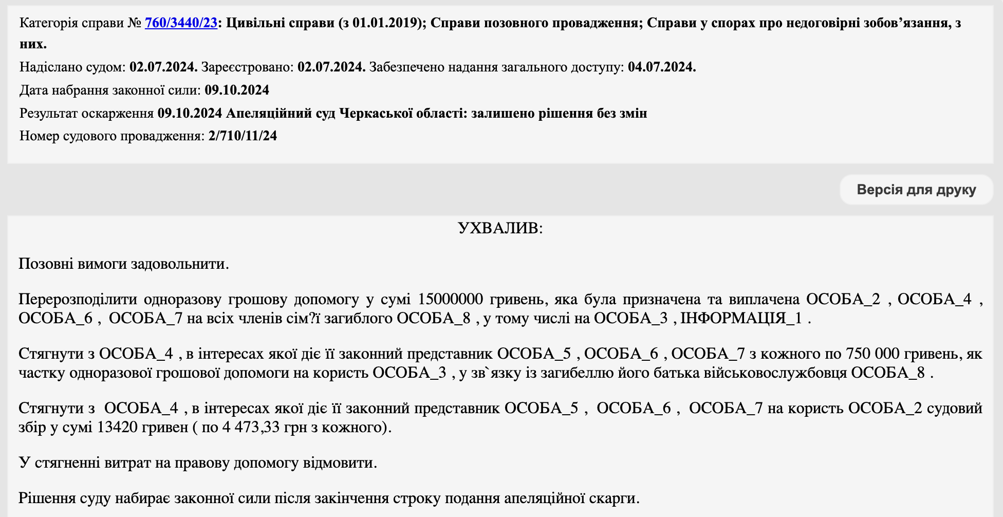 Рішення суду про перерозподіл ОГД 15 млн грн