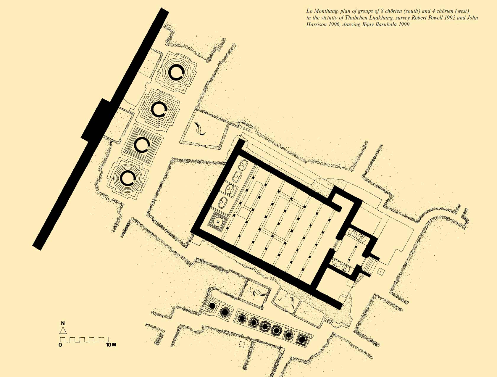 План Тубчен Гомпы в Ло-Мантанге с обозначением дукханга и групп чортенов вокруг монастыря, схема ритуального пространства королевства Ло, по Джону Харрисону (2003)