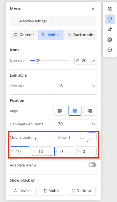 Change the paddings for menu block in mobile mode