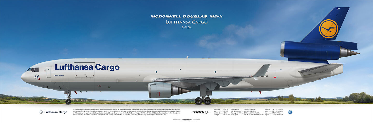 Poster, McDonnell Douglas MD-11F aircraft on a landscape background