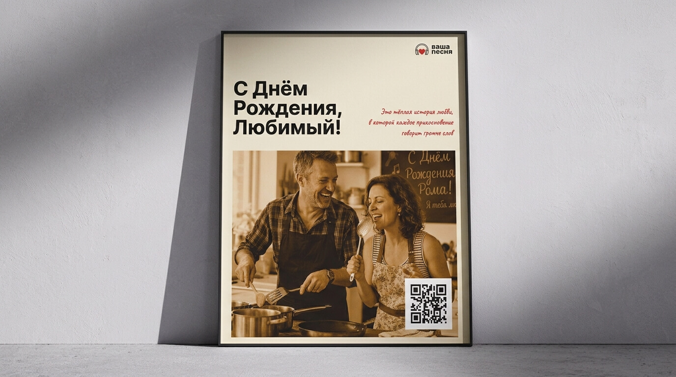 Красивый дизайнерский постер с именем мужа и QR-кодом, который ведёт прямо на его песню. Вешается дома — и любой гость, зашедший в гости, сканирует и слышит трек. Подарок, который живёт долго после праздника.
