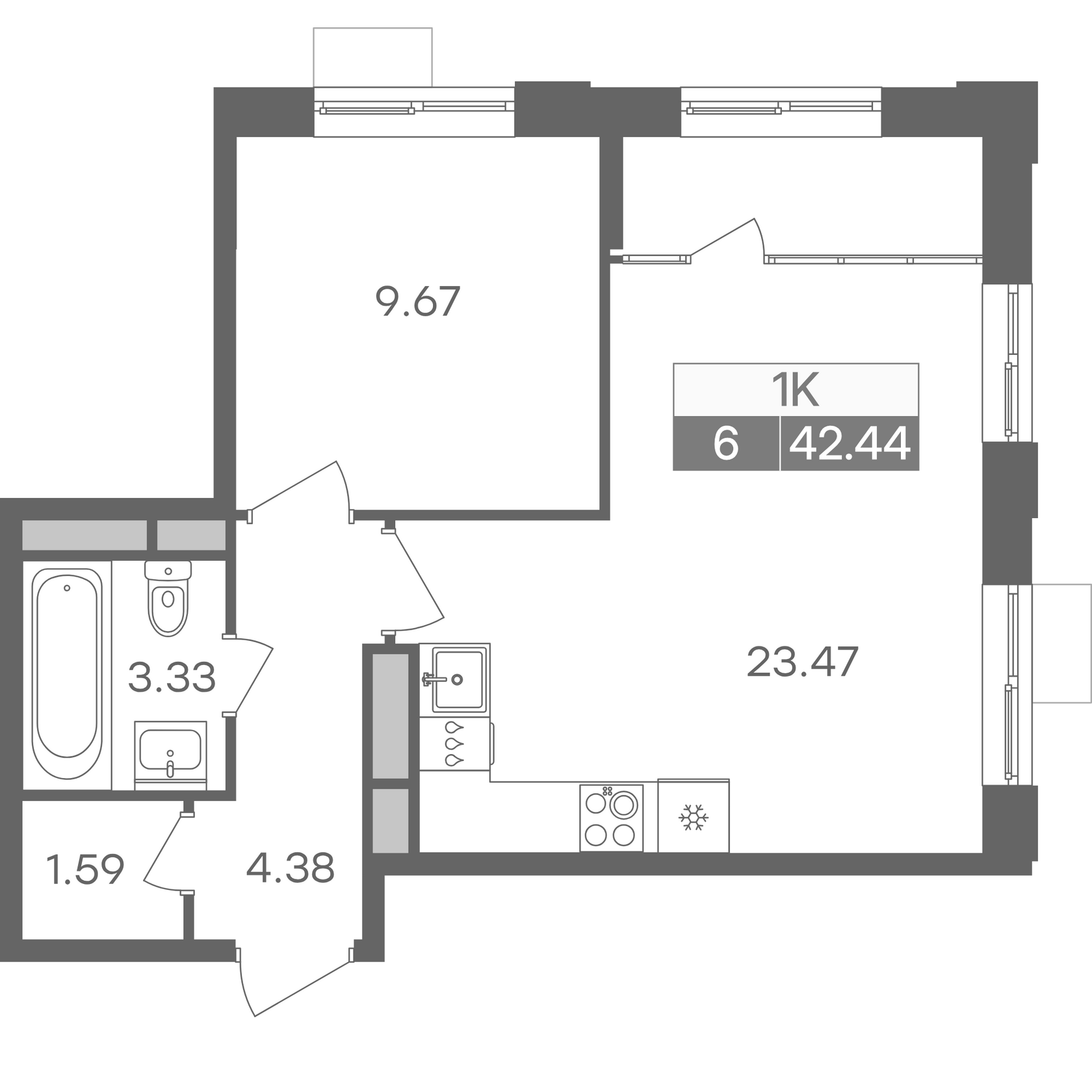 Планировка однокомнатной квартиры 42.44 м² в доме 1 ЖК Новая Жизнь