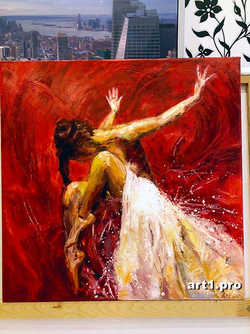 картина маслом на холсте ню эротика девушка в танце в сером интерьере страсть красная art1pro 