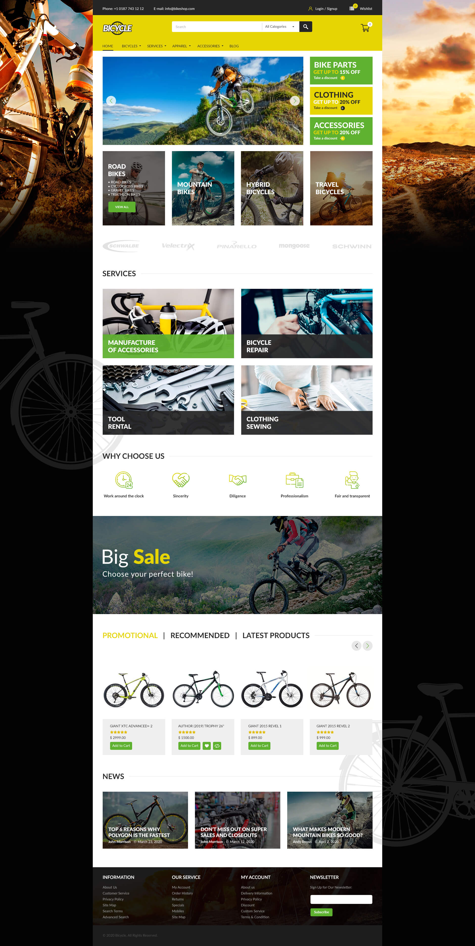 Пример лендинга, разработанного для сайта компании, которая занимается продажей велосипедов и аксессуаров в портфолио веб дизайнера