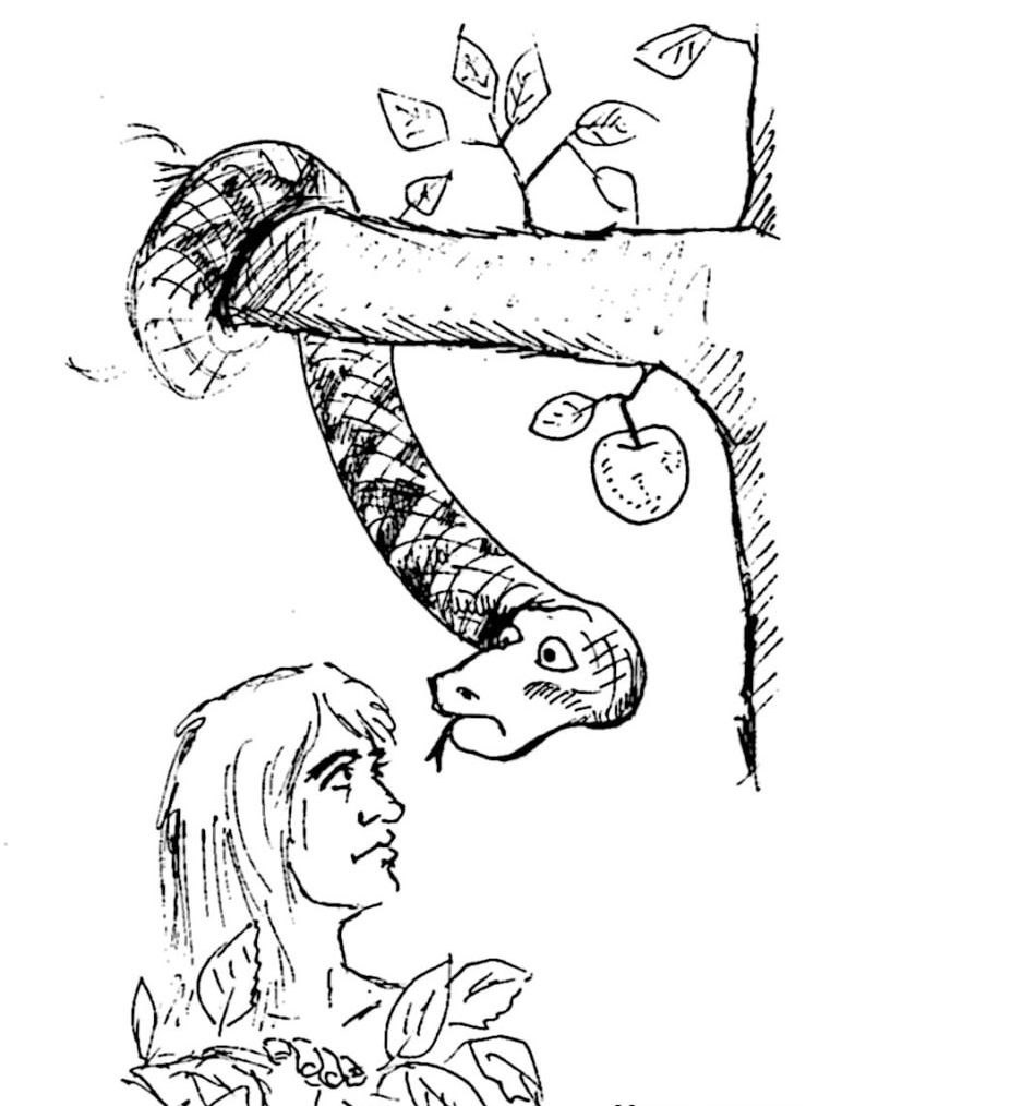 Графический набросок художника Йосифа Лихтарева по мотивам главы Берешит: змей на дереве обращается к женщине в сцене искушения у плода познания. Лаконичная чёрно-белая композиция отражает ключевой эпизод первой главы Торы - испытание Хавы и начало духовной борьбы человека.