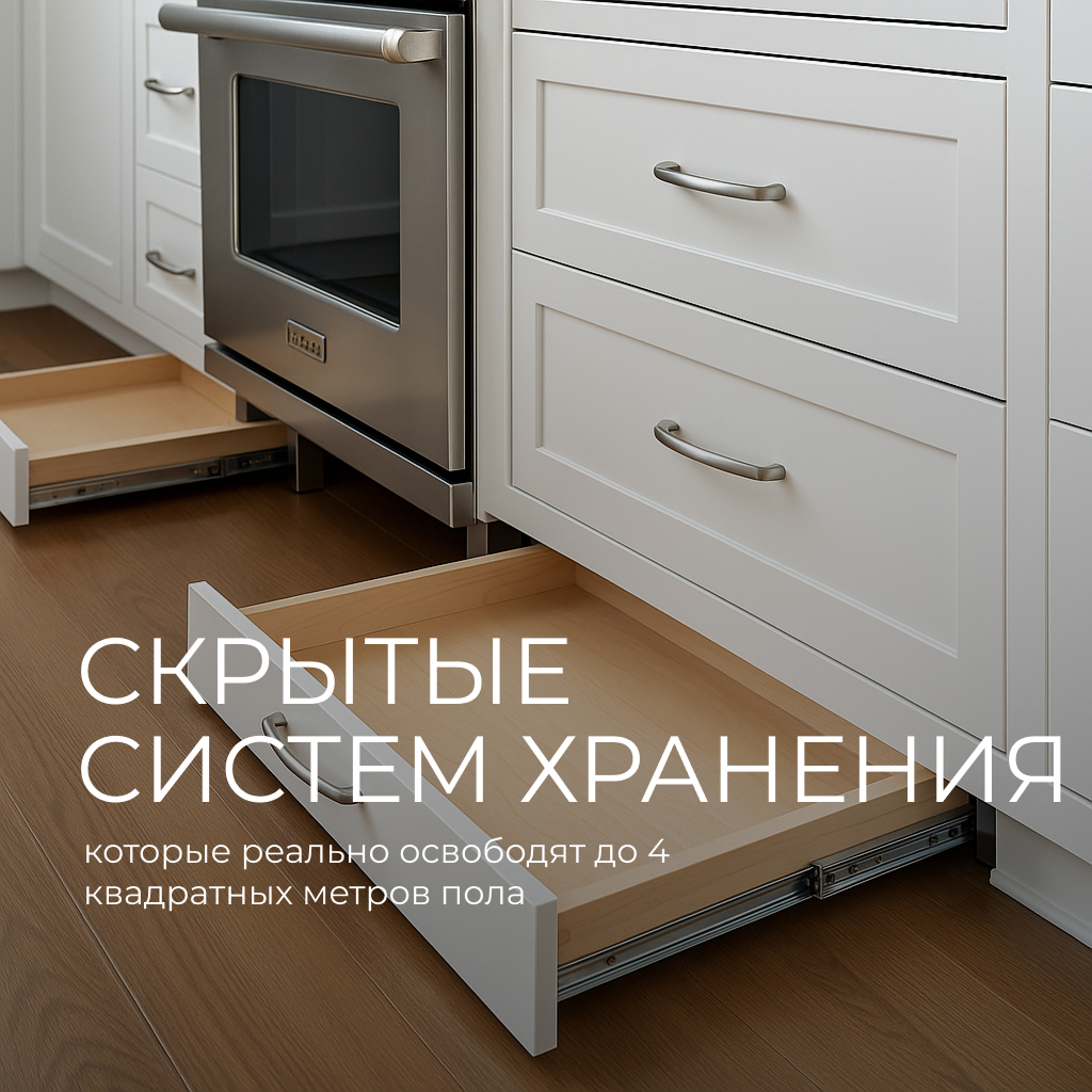 Современная кухня с белыми шкафами и выдвинутыми цокольными ящиками, расположенными у пола. Ящики открыты, демонстрируя скрытое пространство для хранения под кухонными модулями. На фоне — духовка из нержавеющей стали и деревянный пол с тёплым оттенком.