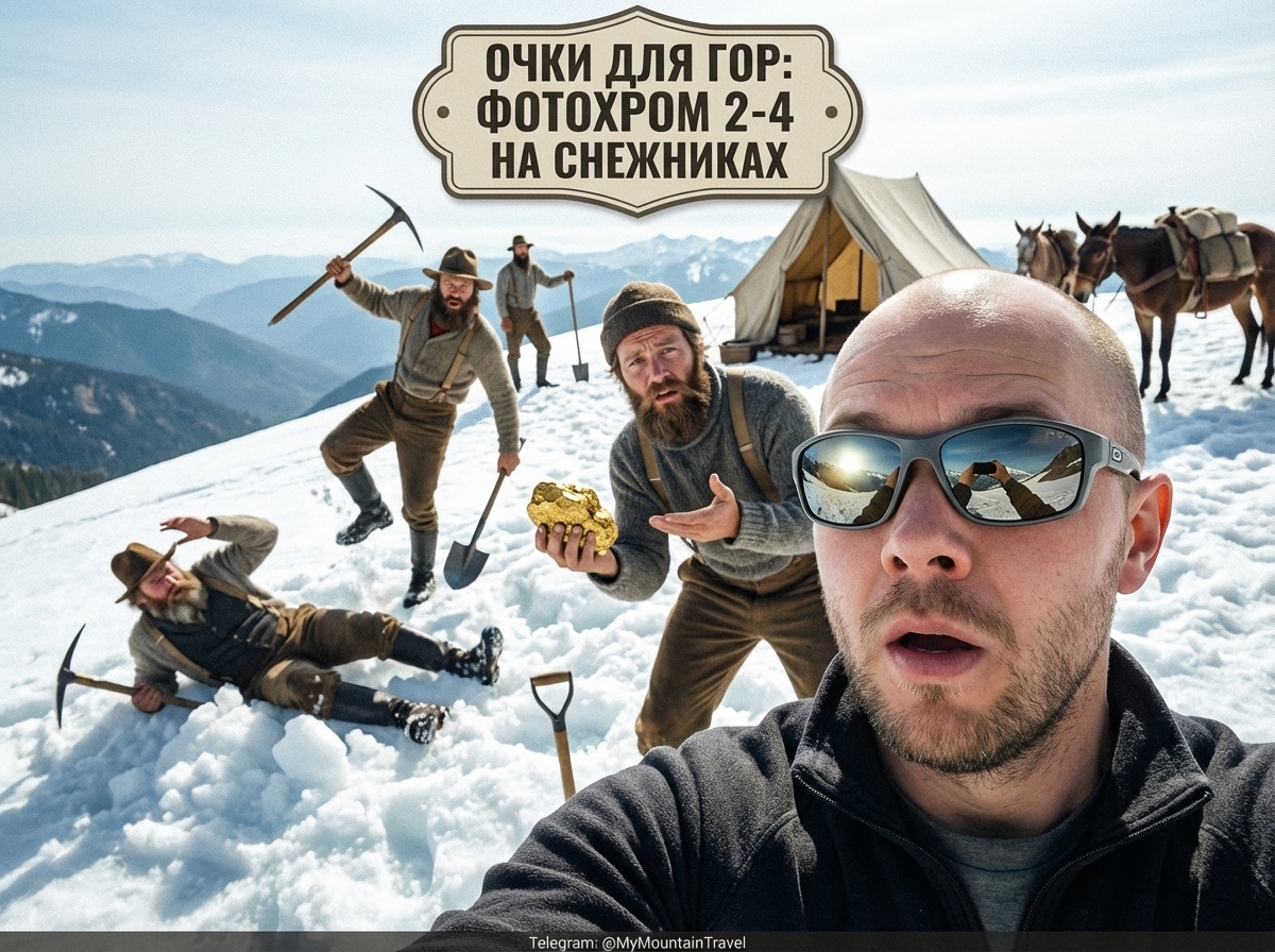 Альпинист в защитных фотохромных очках на заснеженном склоне горы