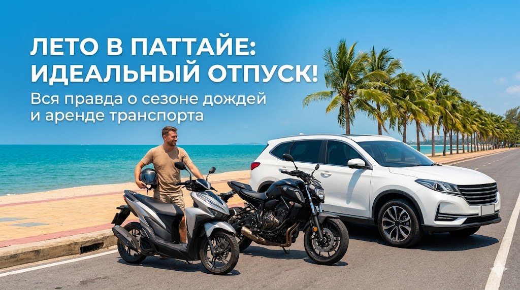 Разнообразный транспорт компании Best Motors в Паттайе: на переднем плане современный автомобиль, мощный мотоцикл и экономичный скутер на фоне пальм и сухого летнего шоссе под ярким солнцем.