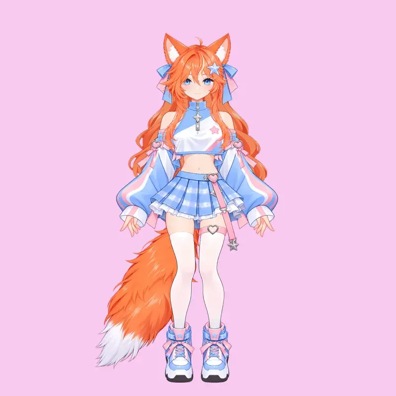 VTuber модель лисички-кицунэ в полный рост с пушистым хвостом