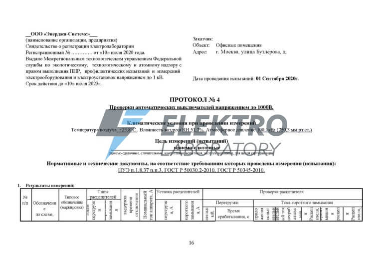 Протокол проверки автоматических выключателей напряжением до 1000 в образец
