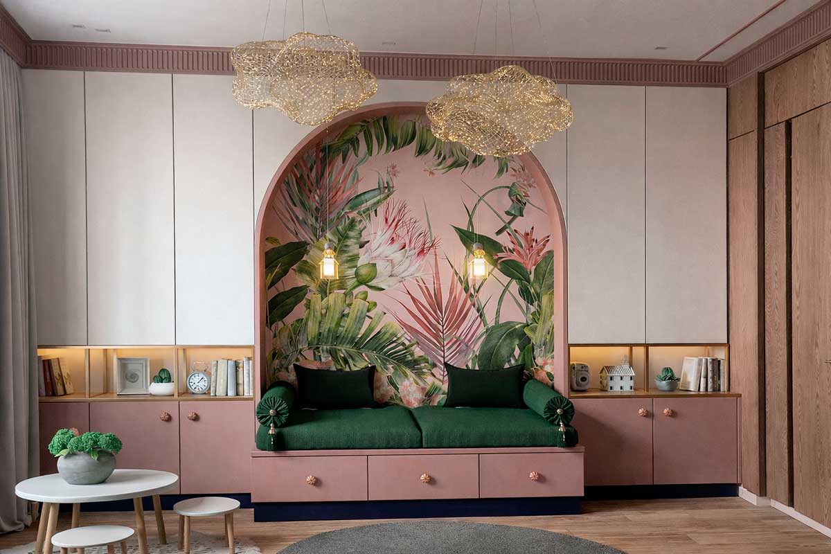 Дизайнерские обои «Аурелия» с тропическими листьями в интерьере гостиной с арочной нишей и зелёным диваном