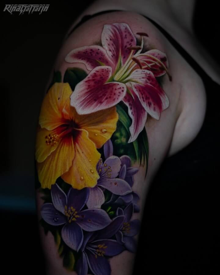 Hidden and Visible Tattoo Placements for Women Complete Guide, Vibrant floral sleeve tattoo for women in a realism style, by Rinat Tattarin Mingazdinov tattoo artist, Los Angeles 211