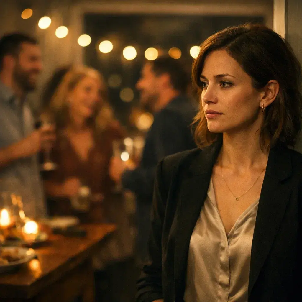 Женщина в черном пиджаке стоит в профиль, задумчиво глядя в сторону на фоне размытых огней вечеринки и общающихся людей.