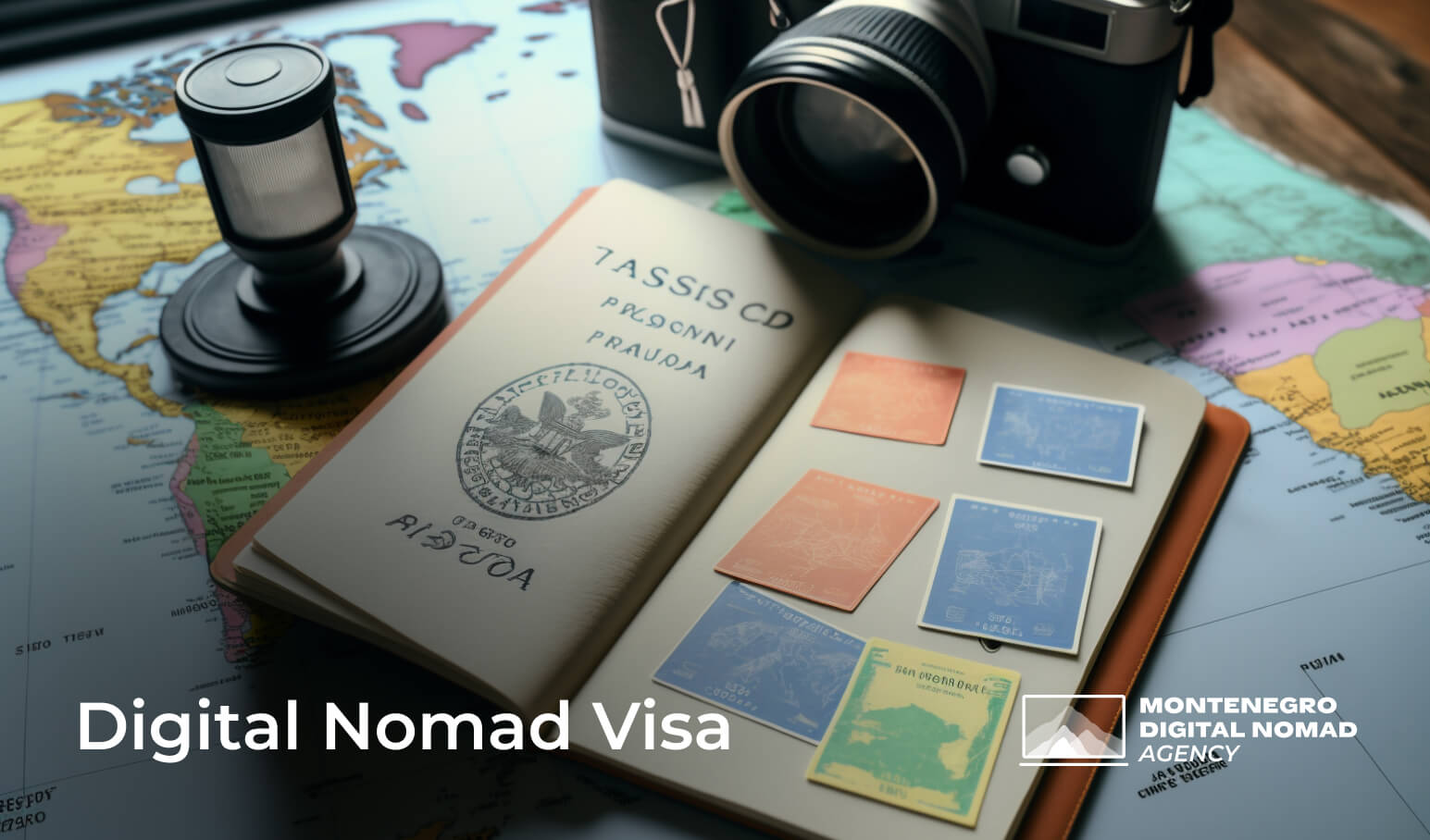 An image of an open passport and a camera on a desk, to imply the subject of Digital Nomad Visas