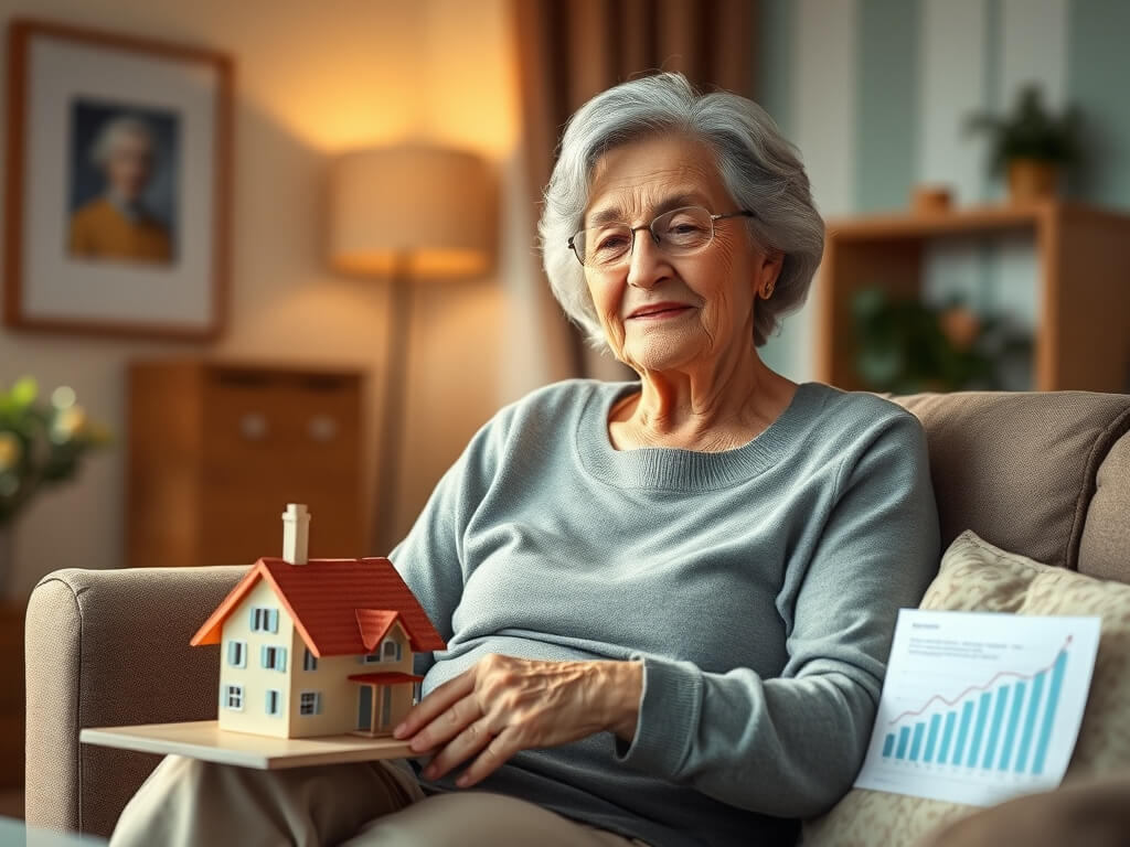 An elderly woman sits peacefully in her cozy home, symbolizing financial stability and comfort in retirement. Around her are elements representing the security of a reverse mortgage: documents, a miniature house, and a financial growth chart. Soft lightin