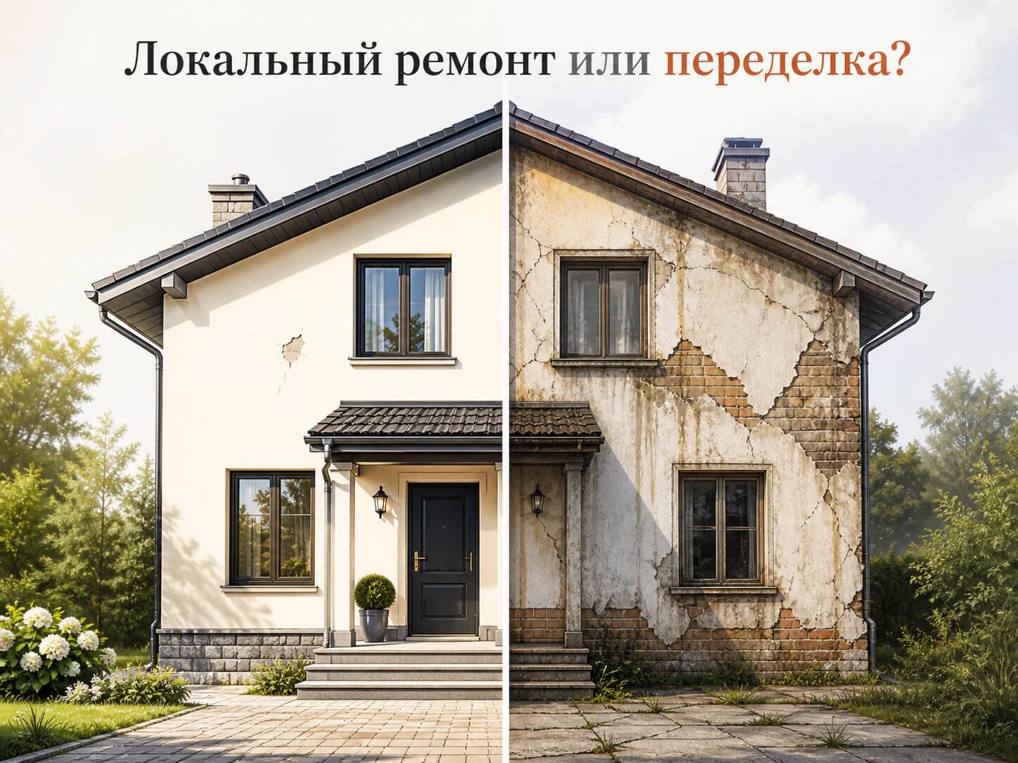 Иллюстрация для статьи о ремонте фасада частного дома с визуальным сравнением локального ремонта и более серьезной переделки участка.