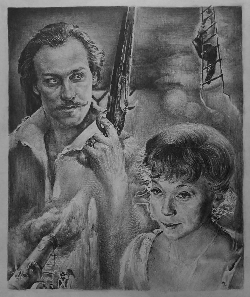 Барон Мюнхаузен, комедия, рисунки графикой, портреты актеров, купить картину, Олег Янковский, рисунки, фрау Марта, графика рисунки, Елена Коренева романтика, барон, рисунки карандашом, красивые рисунки, творчество, картины художников, графика купить, красивые картины, картины