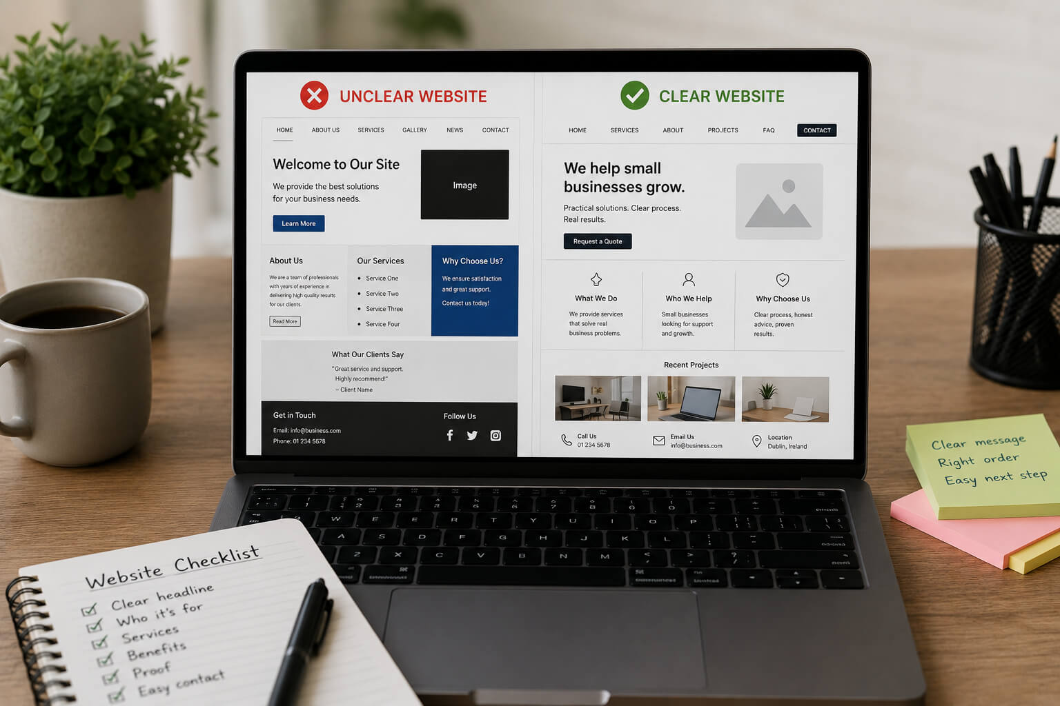 Laptop showing a confused website layout with scattered content blocks beside a cleaner structured website plan for a small business.