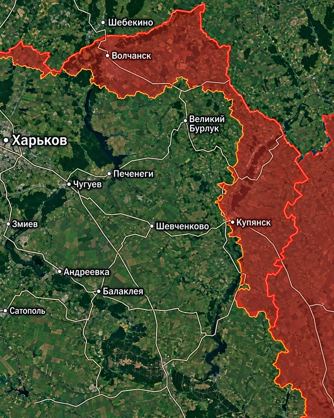 Спутниковая карта Харьковской области: Волчанск, Великий Бурлук, Купянск и соседние населённые пункты