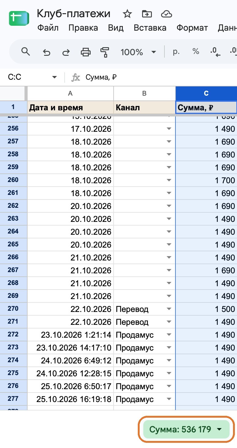 Таблица оплат клуба, итог 536 179 ₽