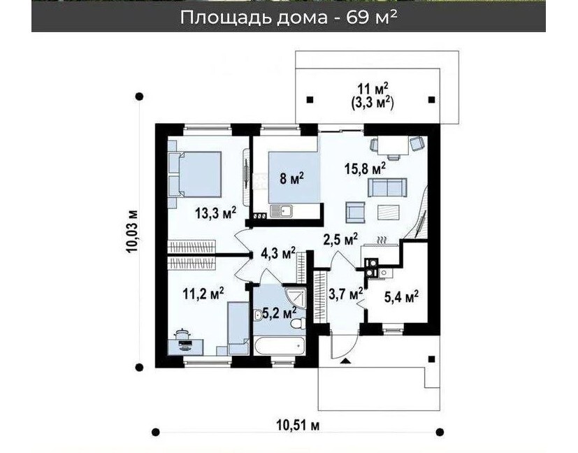 Планировка одноэтажного дома 69 м² с указанием площадей комнат
