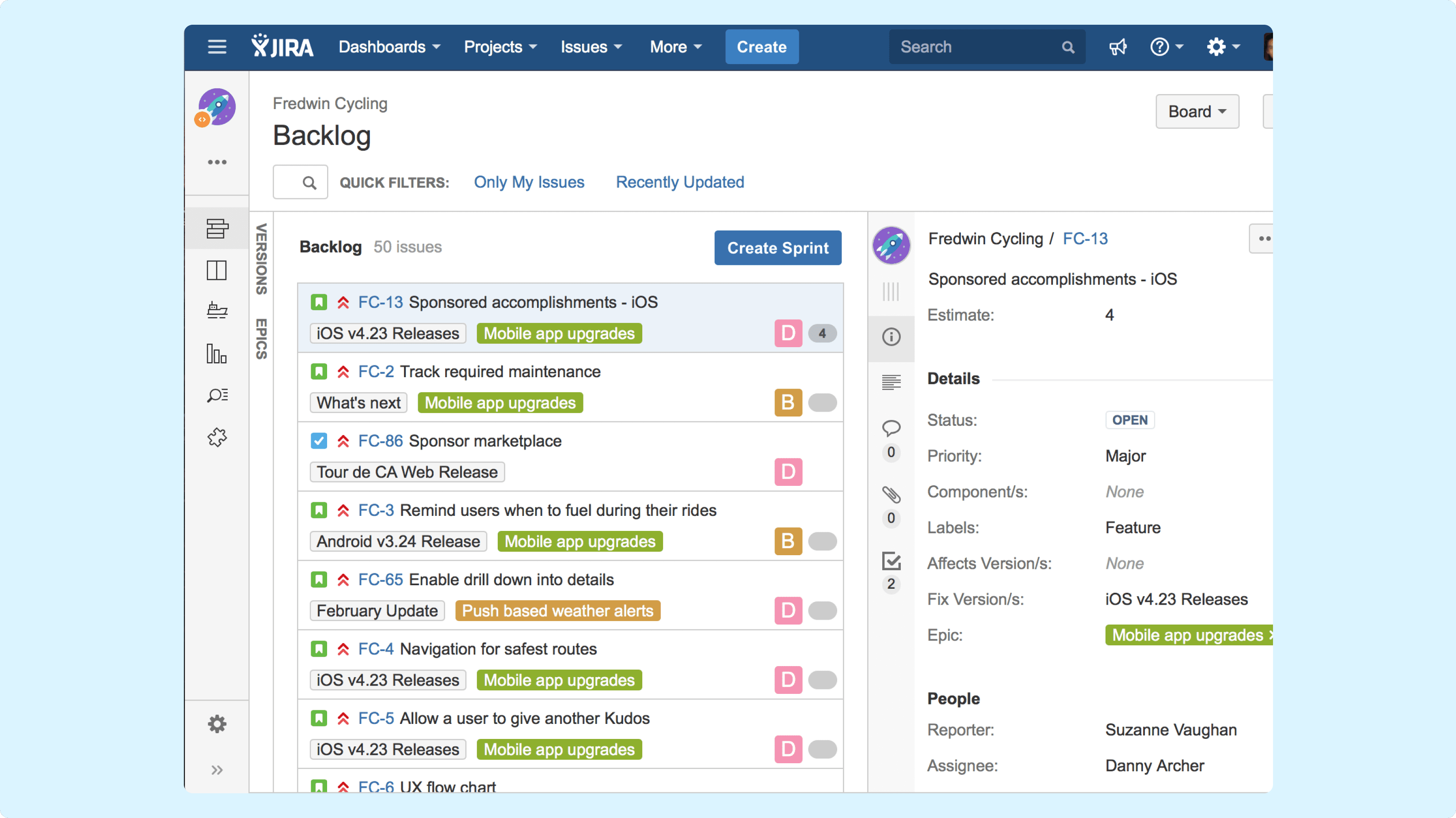 Пример бэклога на доске Jira