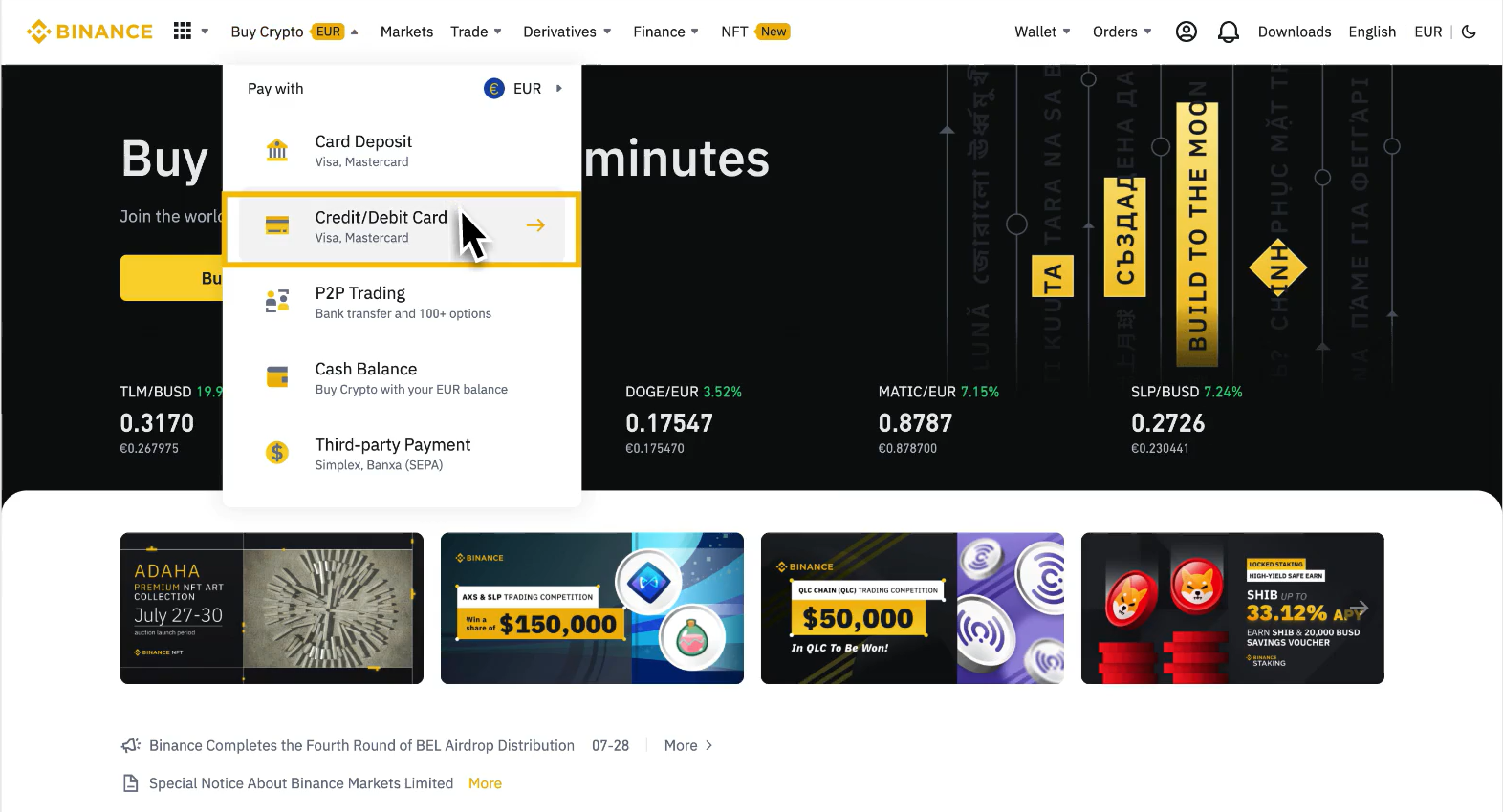 Binance web interface: the first step to buy BNB with a Credit or Debit card.