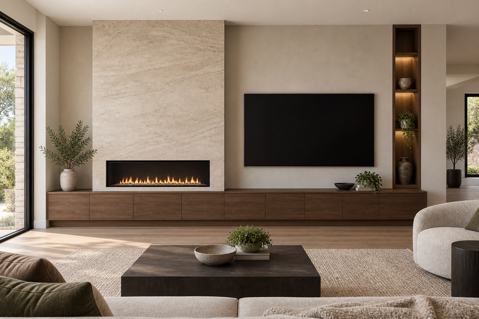 Wide asymmetrical media wall with a limestone-look fireplace, television mounted beside it, walnut cabinetry, and an illuminated display niche.