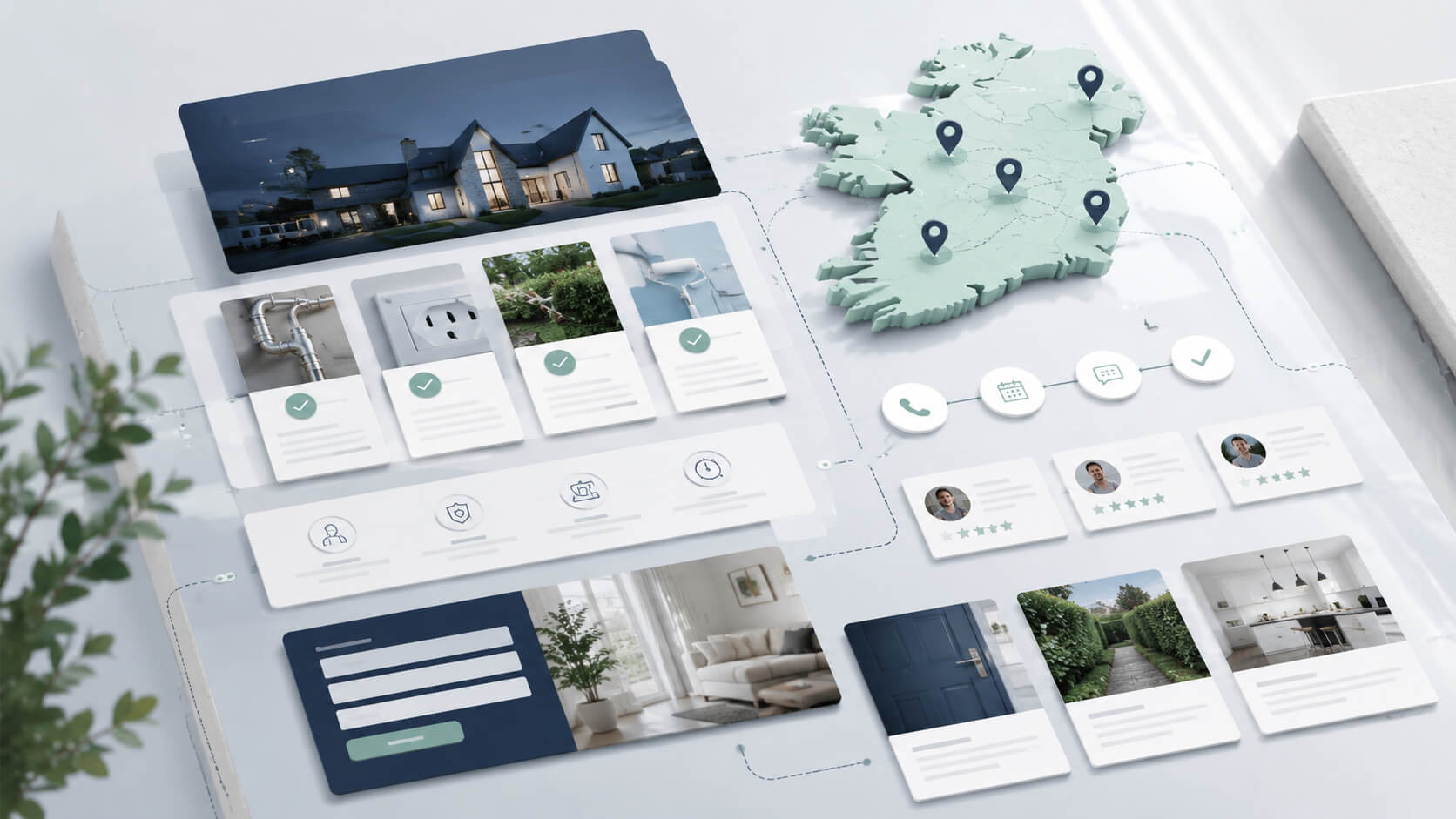 Abstract local service business website structure showing service pages, location signals, trust blocks and enquiry paths