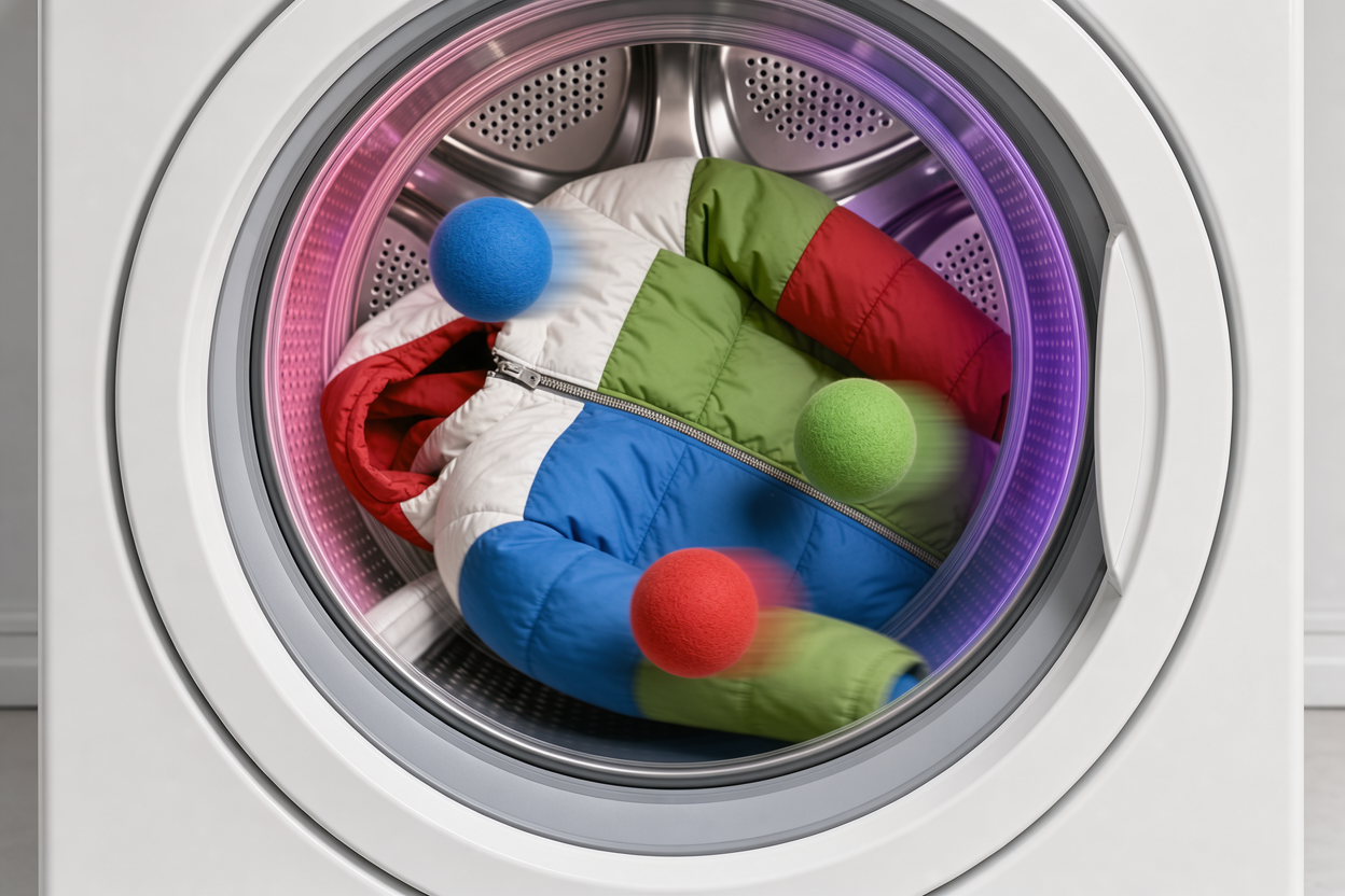 Interior of a front-loading washing machine with a winter jacket and three laundry dryer balls gently tumbling, no brand logos, visible soft motion