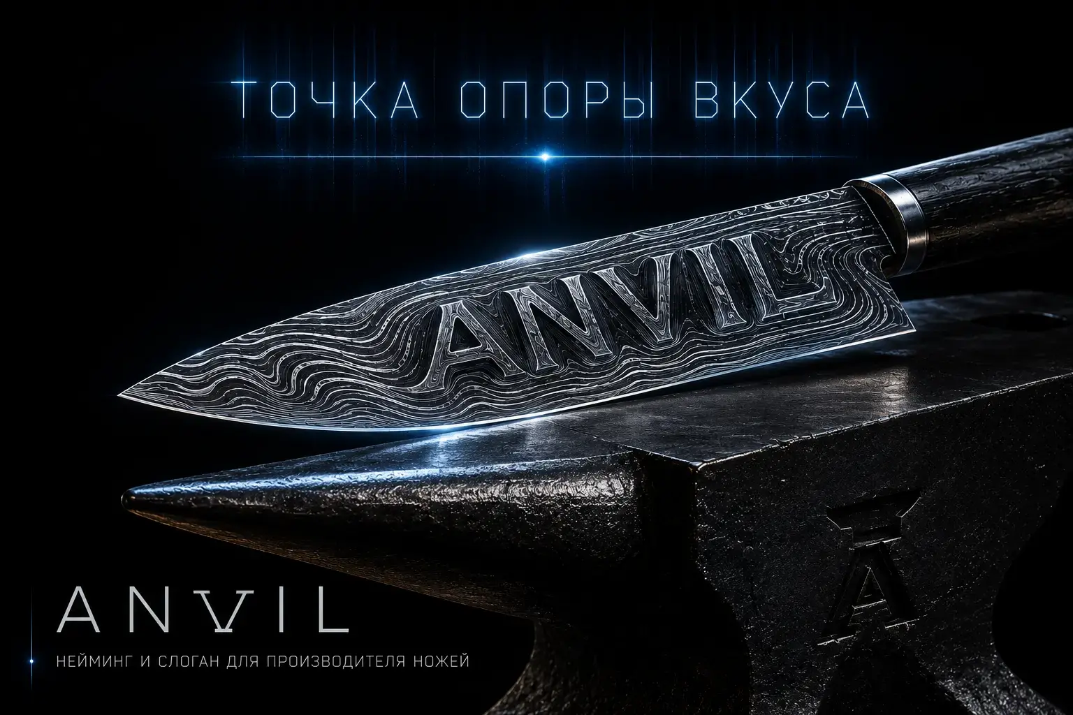 Логотип ANVIL выгравированный на лезвии ножа из дамасской стали слои металла обтекают буквы как река камень