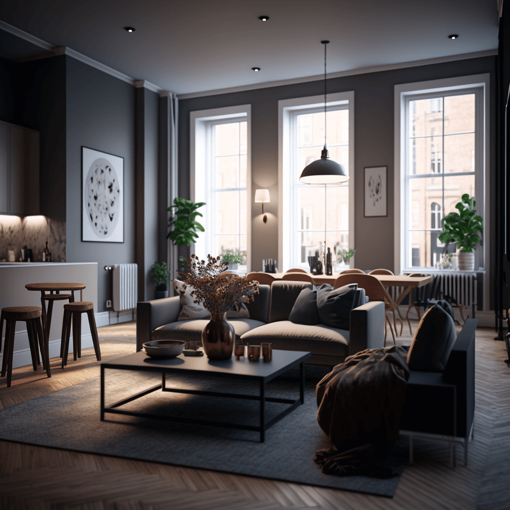 A realistic, 3D model of a sophisticated, modern apartment, brought to life with Thea Render's advanced lighting and materials