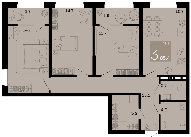 Планировка 3-комнатной квартиры 85.4 м²