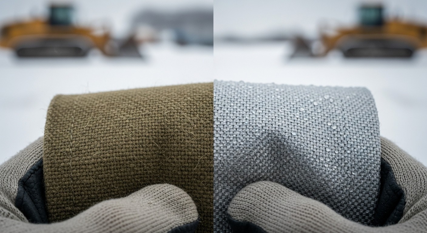 Сравнение текстуры брезента и ткани оксфорд крупным планом в руках технолога на фоне зимней спецтехники для демонстрации различий в плетении и водоотталкивающих свойствах материалов