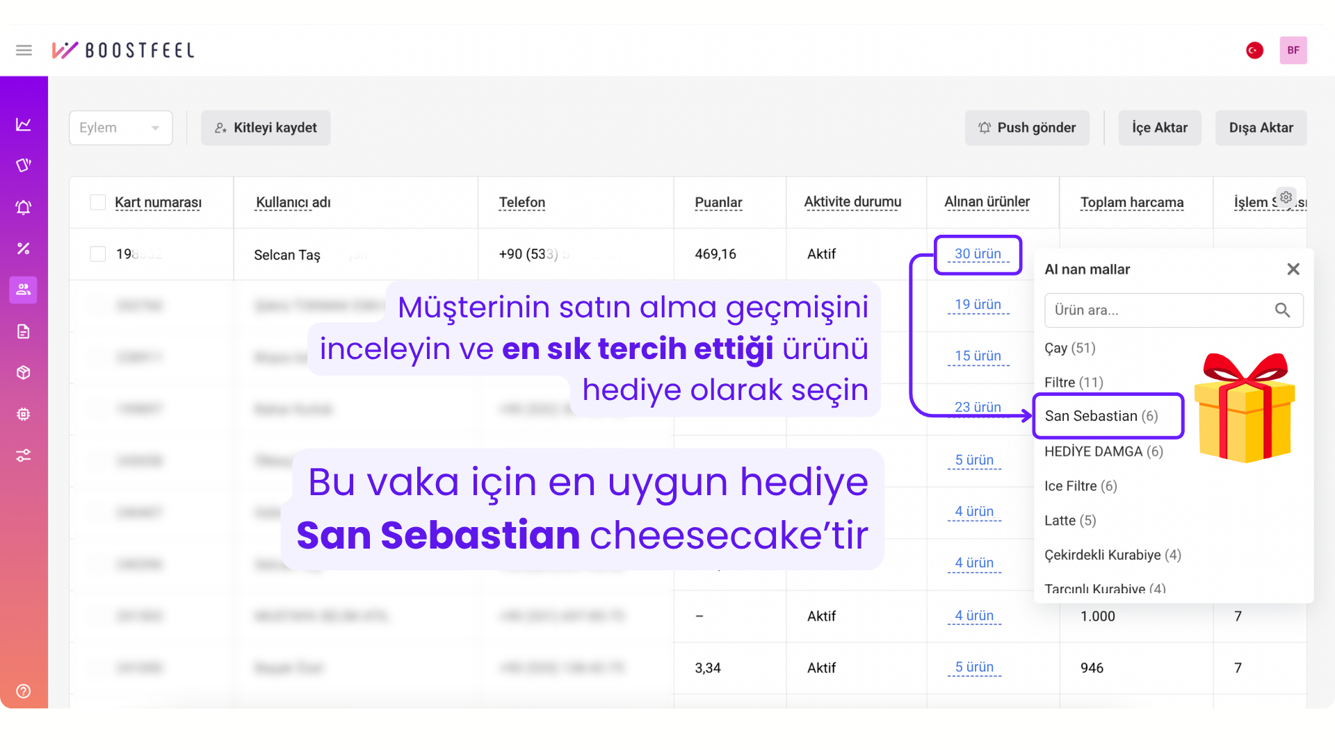 Boostfeel CRM'de 198 gündür gelmeyen müşterinin satın alma geçmişi: en sık tercih ettiği ürün San Sebastian cheesecake — kişiselleştirilmiş geri kazanım kampanyası için kullanılabilir