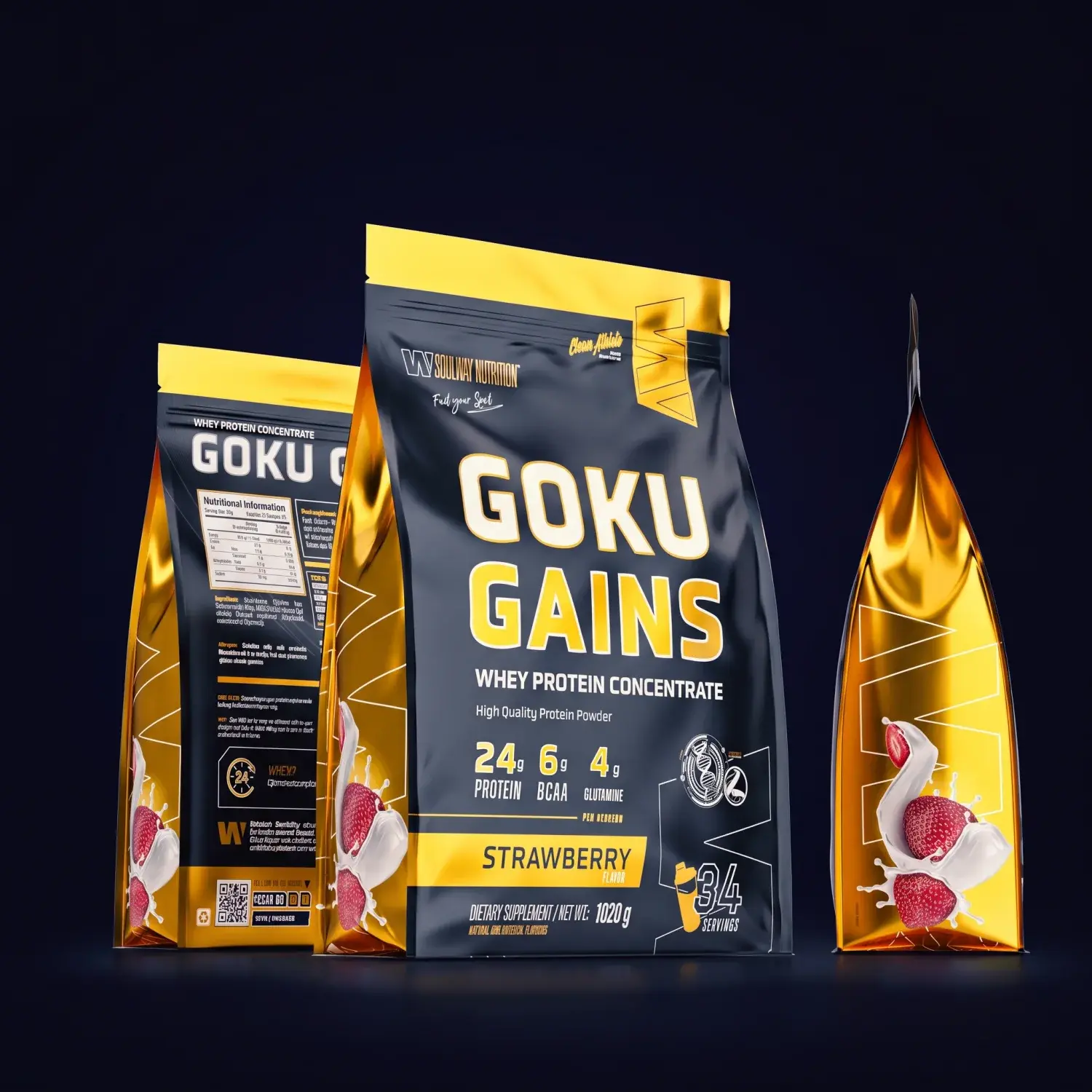 Дой-пак GOKU GAINS PRO, вид спереди, сзади и сбоку на тёмно-синем фоне